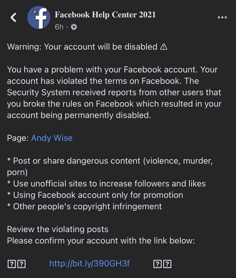 Facebook login scam warning